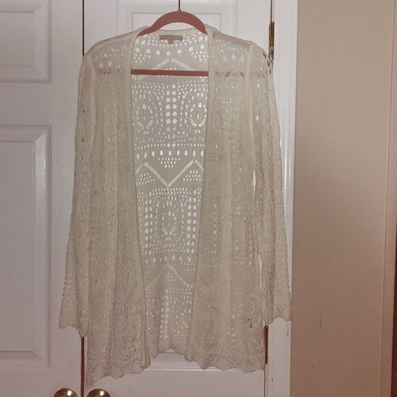 Joan Vass pure  white Pointelle up front  summer spring cardigan Sz XL - Picture 1 of 6